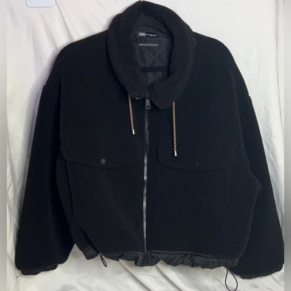 Black cropped teddy jacket